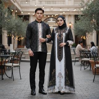Sarimbit Keluarga Nasya Lebaran Series Set Couple Gamis Printing Kombinasi Tile & Koko Muslim Dewasa Elegan