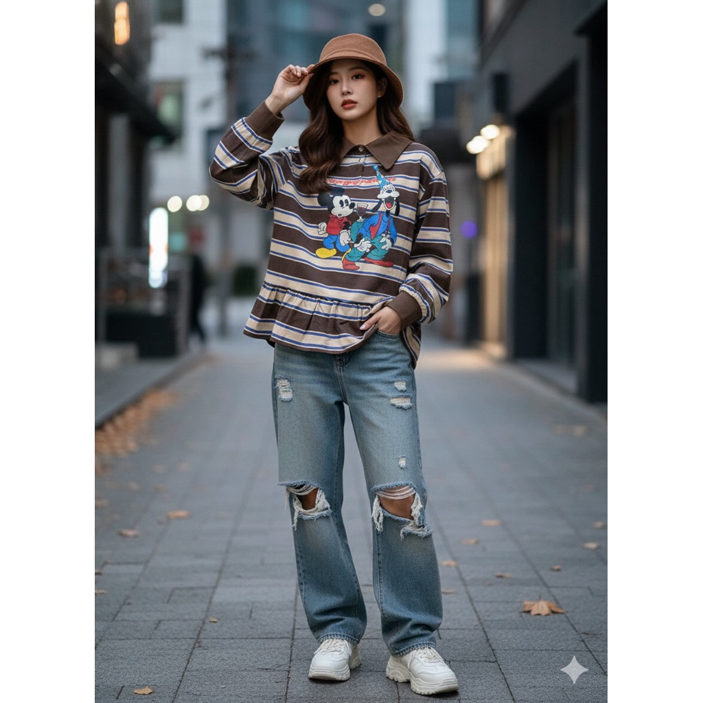 เสื้อยืด Gcc Mickey คอปกลายทางและป้าย