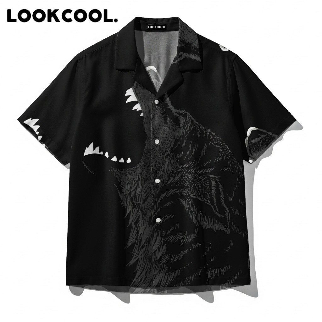 KEMEJA LOOKCOOL Black Wolf Roar Dark Aesthetic Premium Short Sleeve Shirt