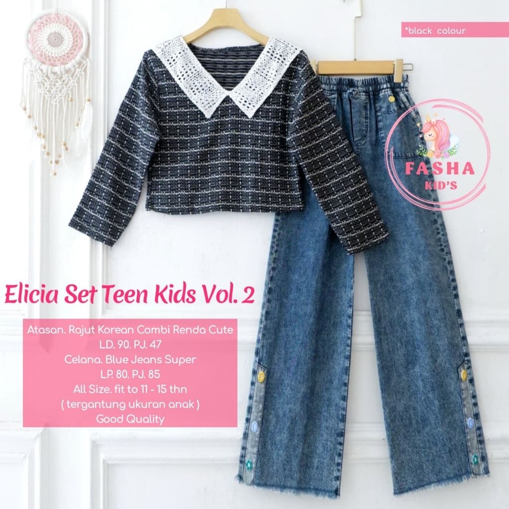 Elicia Set Teen 2 Culottes Jeans Mix Knit (Fasha Kids)