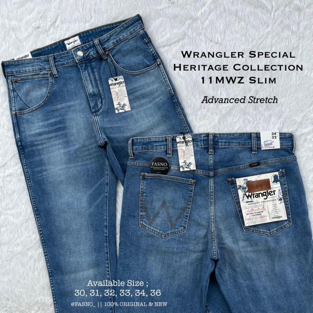 NEW & ORIGINAL Wrangler Heritage 11MWZ SLIM fit "STRETCH" กางเกงยีนส์ Classic Blue C02P23.