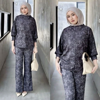 Oneset Knit Denim Premium Wanita Terbaru Viral Kekinian Bahan Stretchy Tebal Anti Kusut Batwing Cutbray
