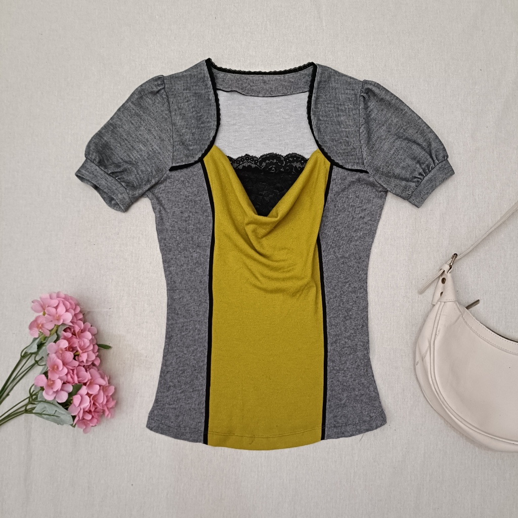 Y2K Grunge Colorblock Lace Panel Top Harajuku Aesthetic