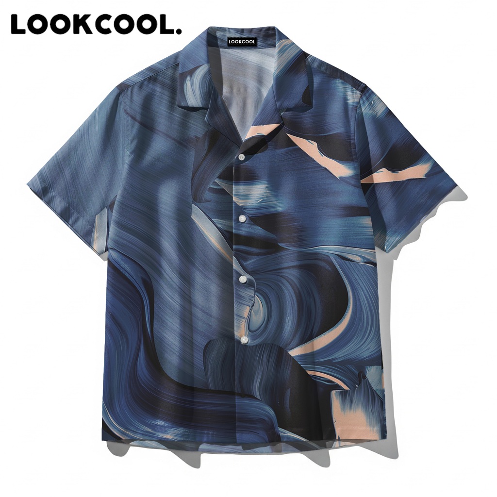 KEMEJA LOOKCOOL Blue Swirl Abstract Oil Paint Texture เสื้อเชิ้ตพรีเมี่ยมแขนสั้น