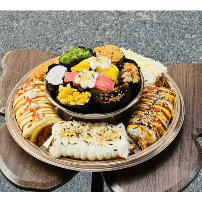 [ROND SUSHI BENTO TRAY] Mika + Lid Rose Gold Jumbo Sushi TRAY, เค้ก, ทัมเพ็ง, ฝาครอบเสิร์ฟอาหาร, เค้กไมก้าภาชนะ