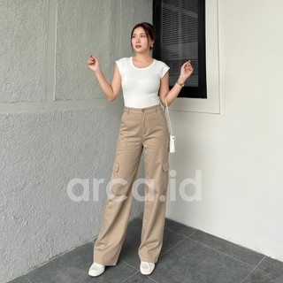 ARCA - RORA Cargo Pants - Celana Kargo Wanita Katun Twill Stretch melar Highwaist Loose Korean Style Jumbo