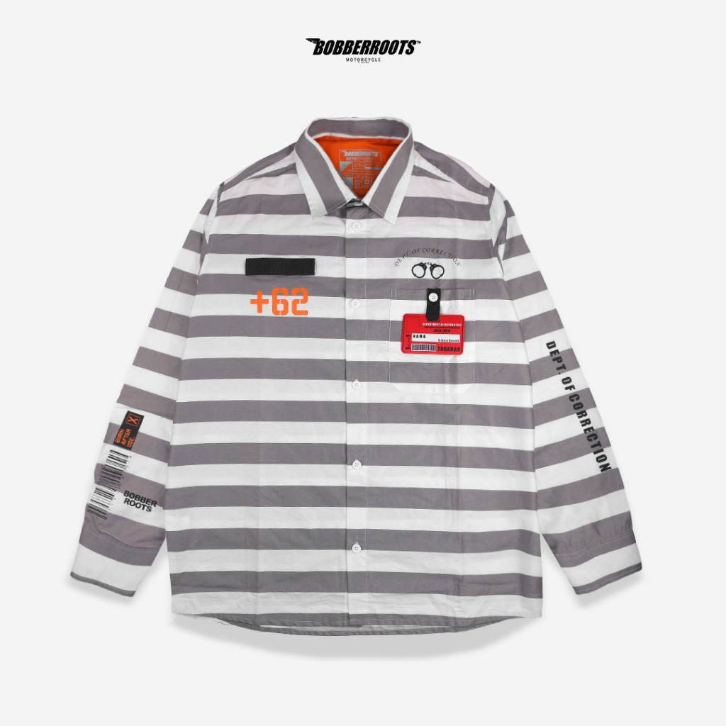 BOBBERROOTS INMATE เสื้อทํางานลายทางสีขาวและสีเทา