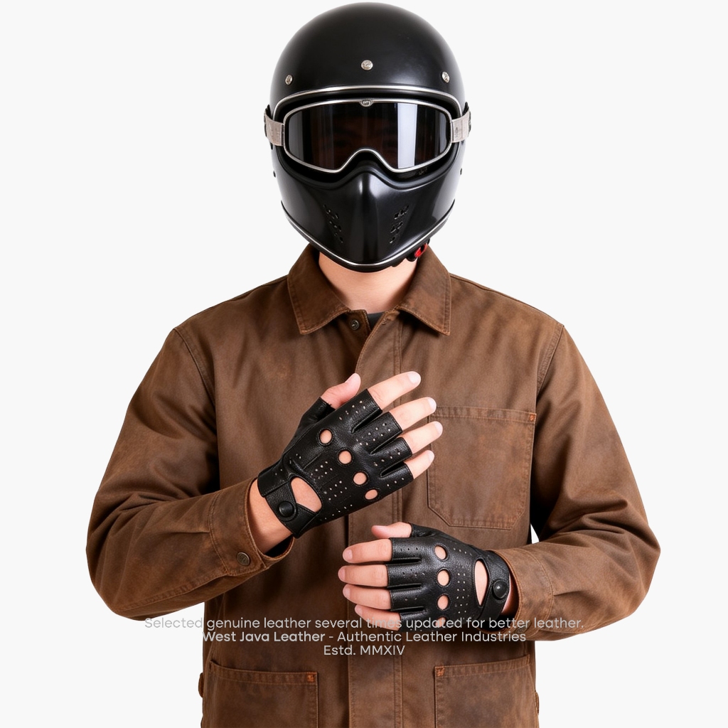WJ Leather - ถุงมือมอเตอร์ไซค์หนังครึ่งนิ้ว Armor Cafe Racer Gloves