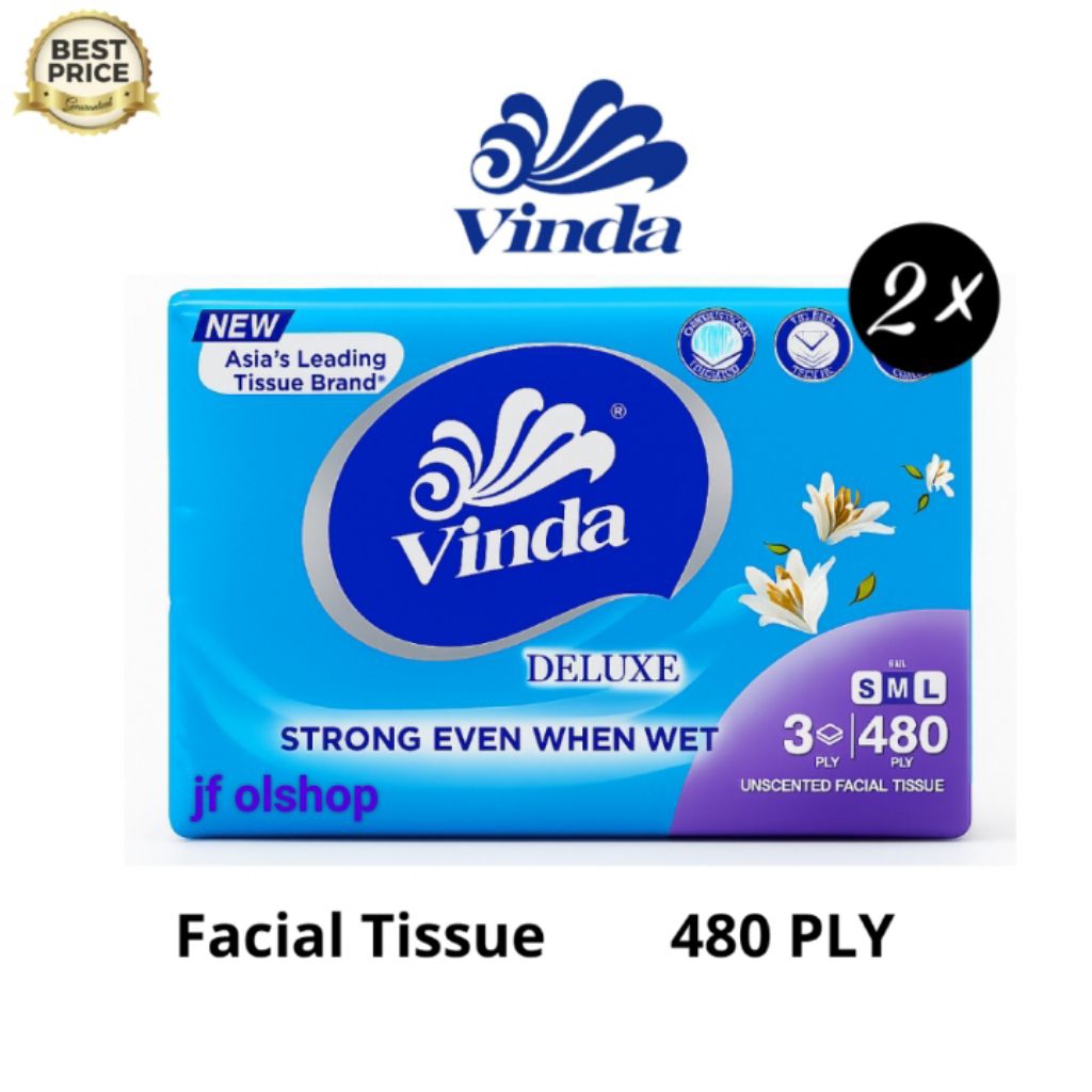 | 2ชิ้น | Vinda deluxe M face soft Pack 480ply ทิชชู่ 3 ชั้น - กระดาษเช็ดหน้า mini Pack