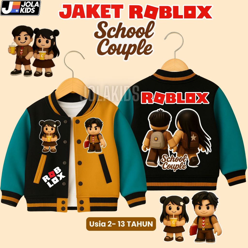 Roblox School Couple Varsity Baseball Jacket สําหรับเด็กหญิงและเด็กชายอายุ 11⁄2-13 ปี JOLAKIDS