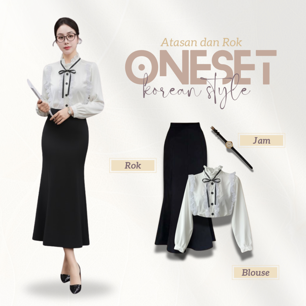 KEMEJA สไตล์เกาหลี Oneset Nora เสื้อ Ruffle College Work เสื้อ + กระโปรงนางเงือก Scuba Watch Top KJ8