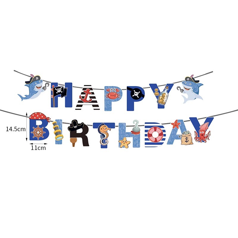 Festoon - Pirate Shark Happy Birthday Flag Pirate Shark แขวนตกแต่งวันเกิด Party