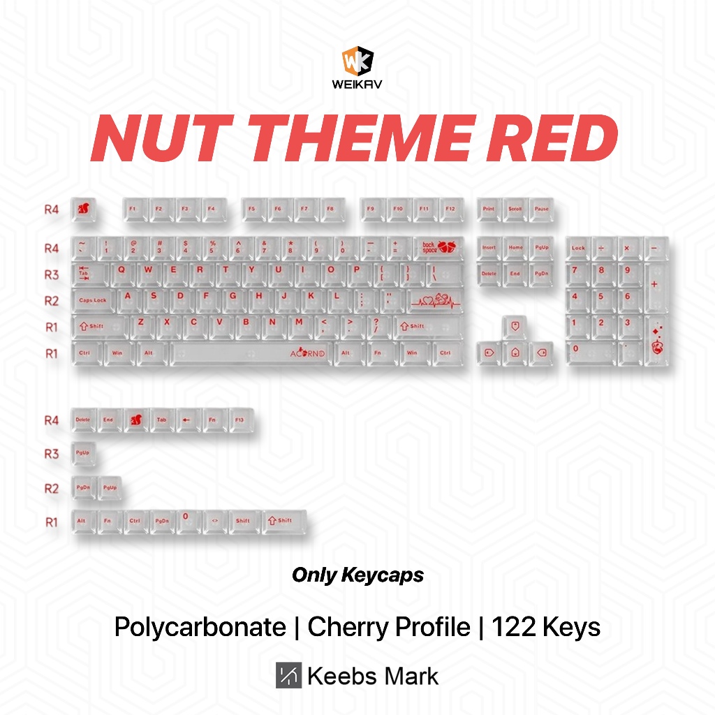 Weikav Nut65 Nut Theme ปุ่มกดสีแดง Polyคาร์บอเนต 122 คีย์ Cherry Profile คีย์บอร์ดเครื่องกล