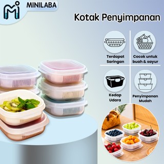 MINILABA Kotak Penyimpanan Kulkas Food Kontainer Dengan Saringan Kotak Penyimpanan Makanan Serbaguna Multifungsi Buah dan Sayuran