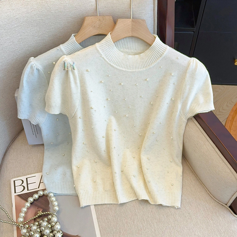 LNR Shop เสื้อแขนสั้นผู้หญิงคอเต่ามุกแวววาวพรีเมี่ยมถักวัสดุ Super Smooth Soft Top เสื้อยืดเสื้อกันห