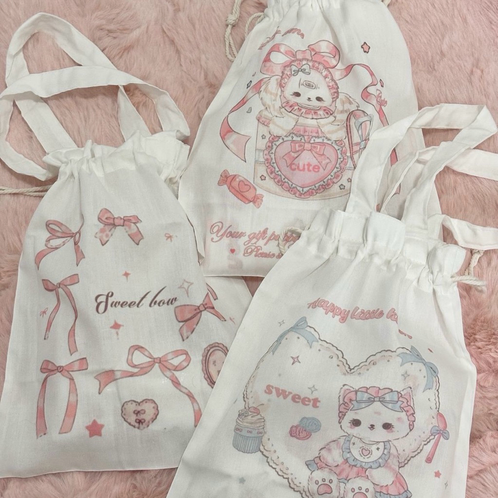 Mocorie - Cattysa Coquette Drawstring Bag / Mini coquette Ribbon Totebag / Pink Ribbon Mini Drawstri