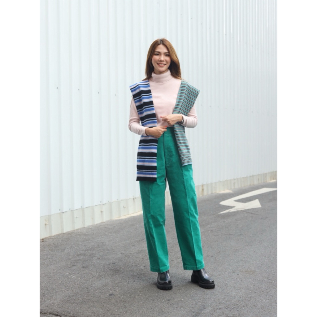 Marni x Uniqlo กางเกงขายาวเอวสูงผ้าลูกฟูกสีเขียว