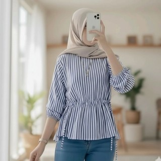 Nowela Blouse Serut Salur-Lengan Panjang-blouse katun-blouse salur terbaru