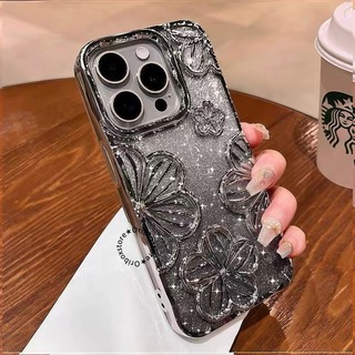 Case Glitter Floral Quicksand Crystal Luxury Frame Chrome 2 In 1 For Iphone 17 17air 15 14 13 12 11 Xr X Xs Pro Plus Promax  Case Floral RCI614