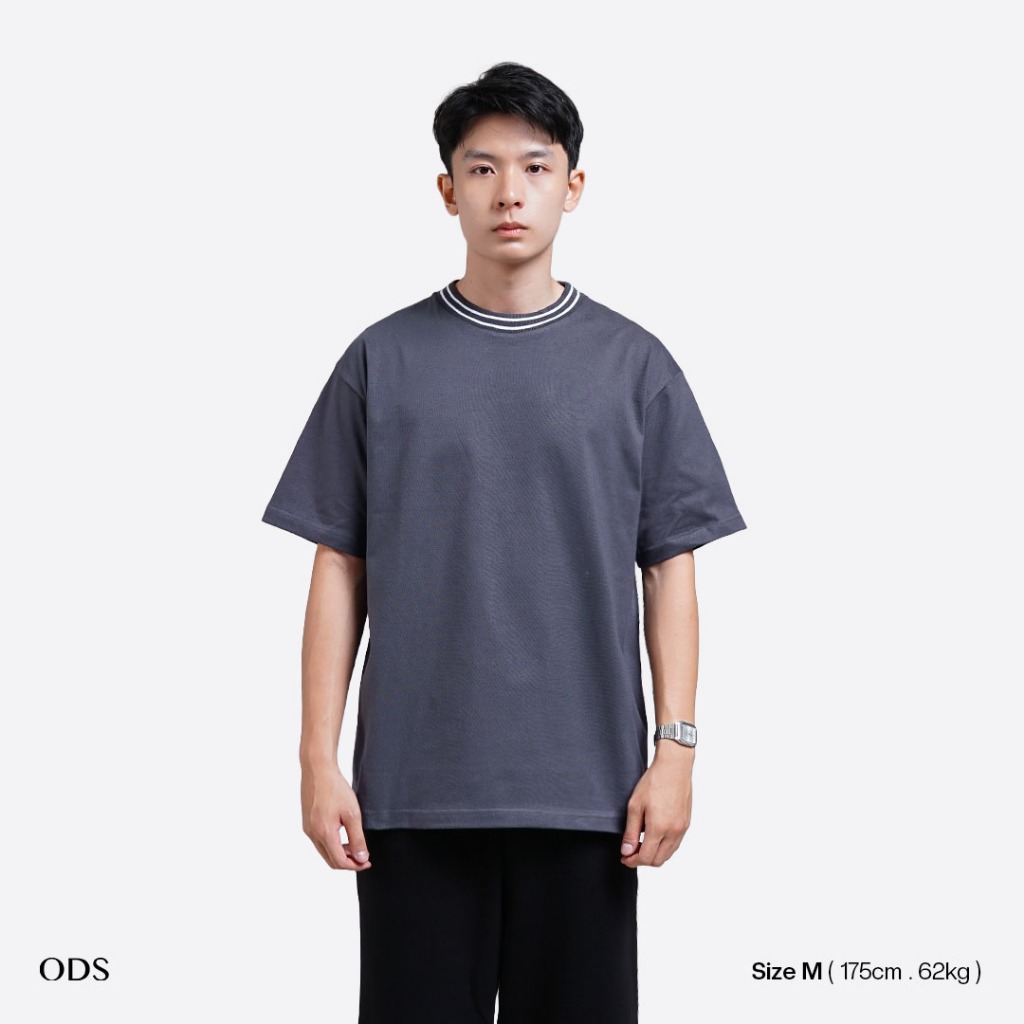 ODS เสื้อยืด Oversize Heavyweight Cotton 16s คอปกลายทาง - สีเทาเข้ม