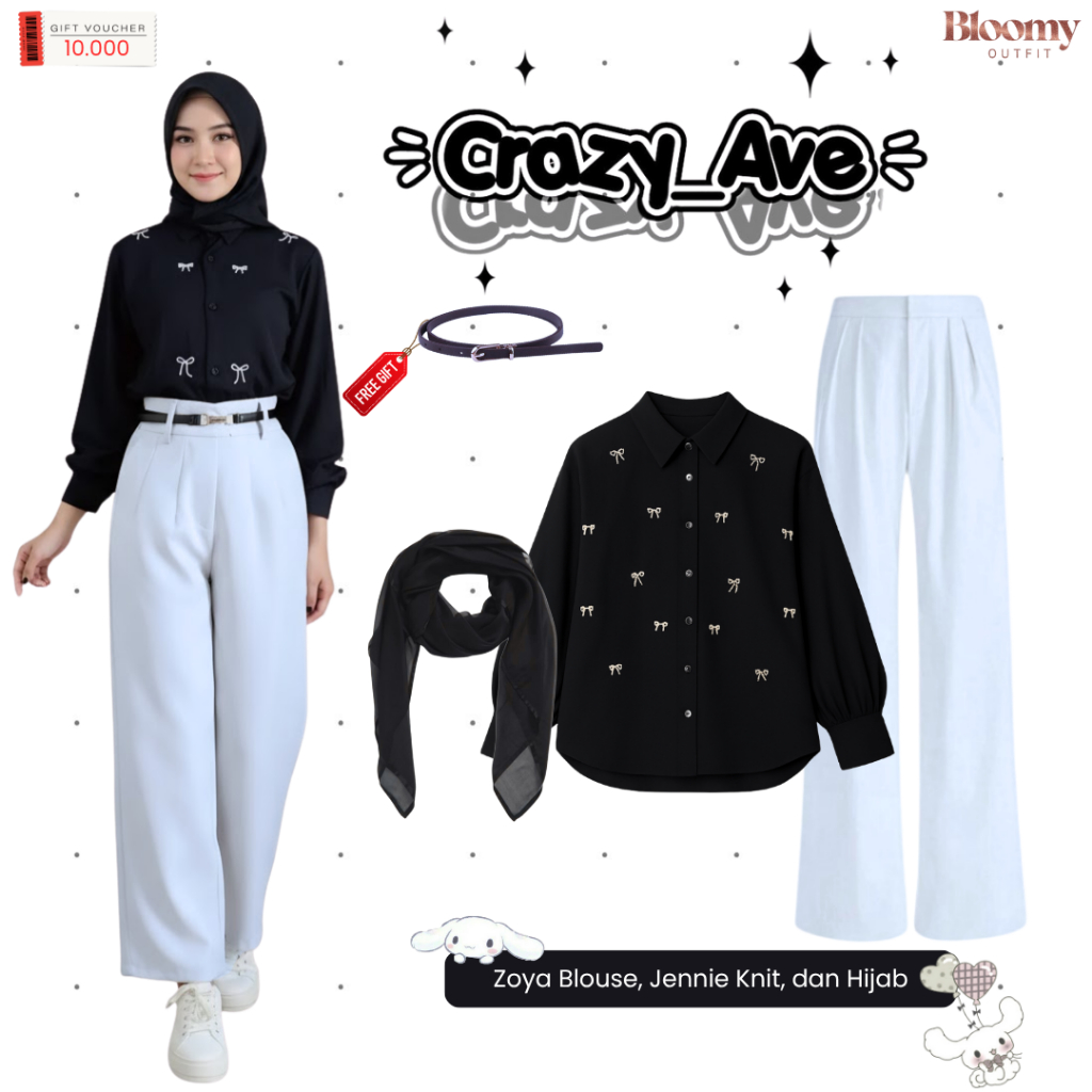 Coquette Womens Oneset (Zoya Blouse + Jennie Knit + Hijab Set) 3in1 Casual Monochrome Outfit - LM08