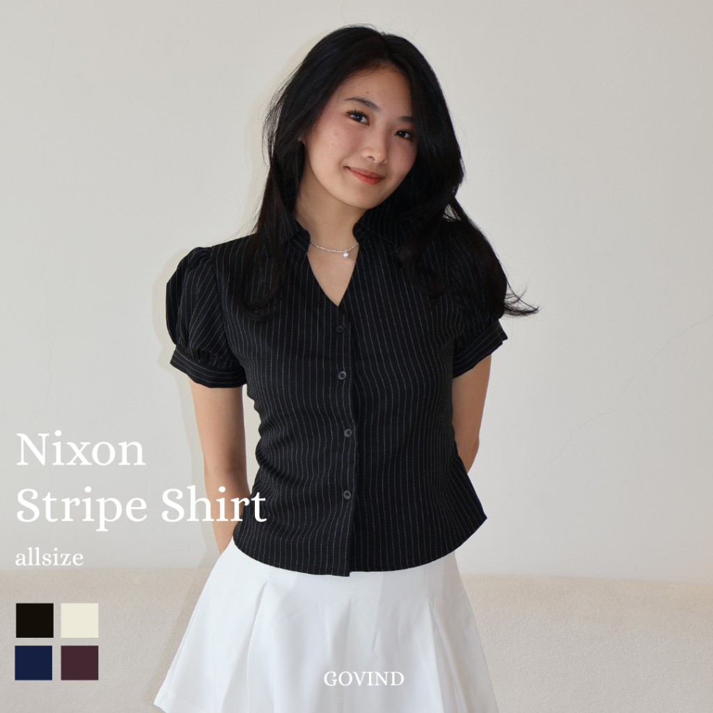 KEMEJA Govid.idn - เสื้อ Nixon Stripe | เสื้อเชิ้ตสตรียืดสั้นพอดีพร้อมแถบยางยืดลําลองคอปกเรียบง่าย