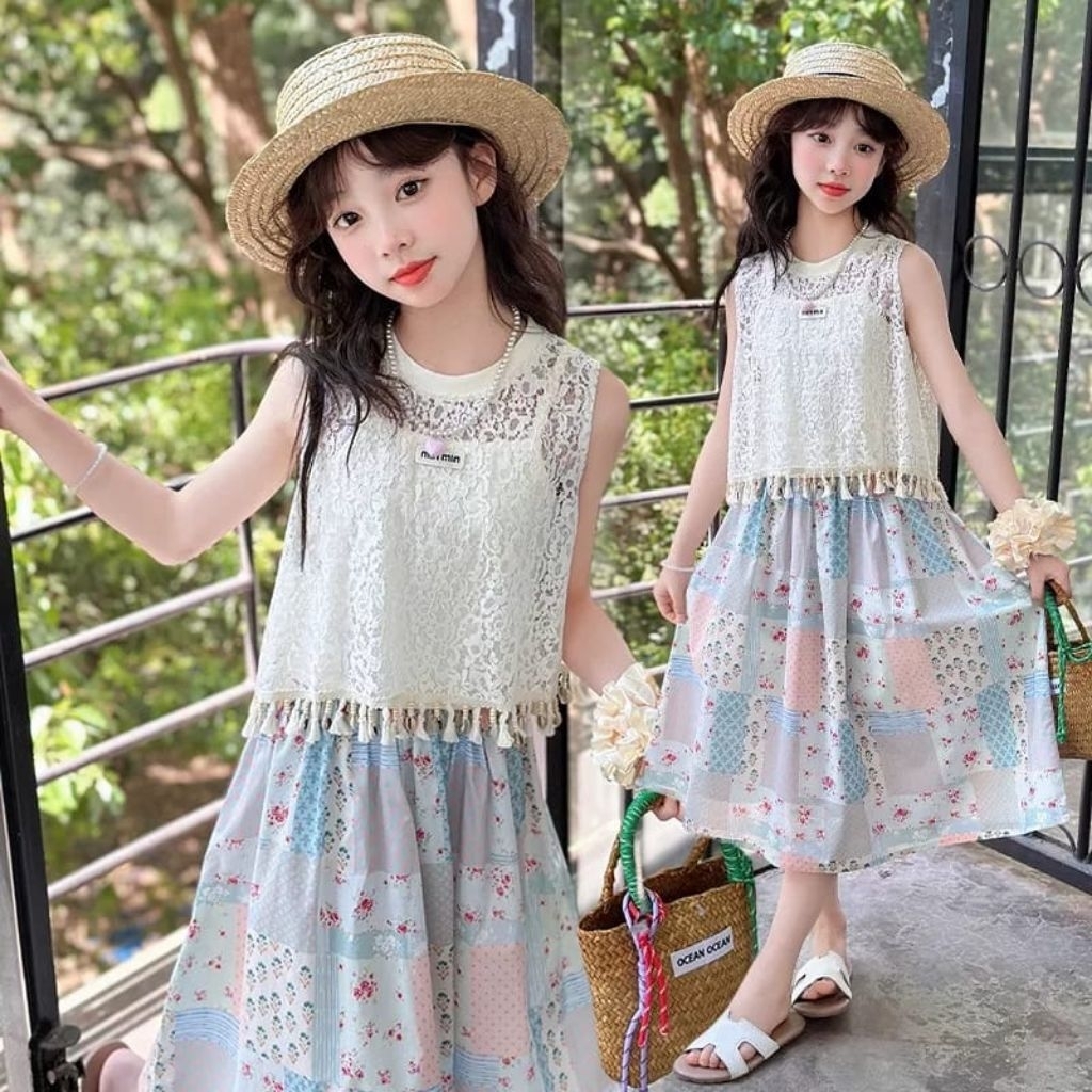 ER-441 นําเข้า 3IN1 GIRLS SHORT SHIRT SET AGE 5-12 ปีน่ารัก TOP SET PLUS KNIT INNER CUTE 7/8 LONG SK