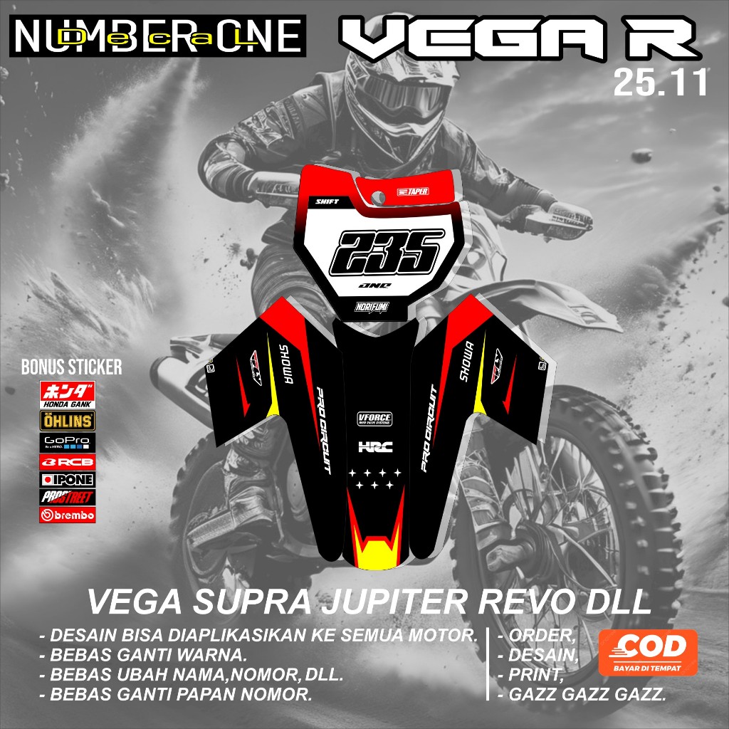 สติ๊กเกอร์รูปลอกหมายเลขแผ่น+บังโคลนหน้า honda VEGA R MOTOR CRF KLX 150 KLX BF KLX GORDON DTRACKER KX