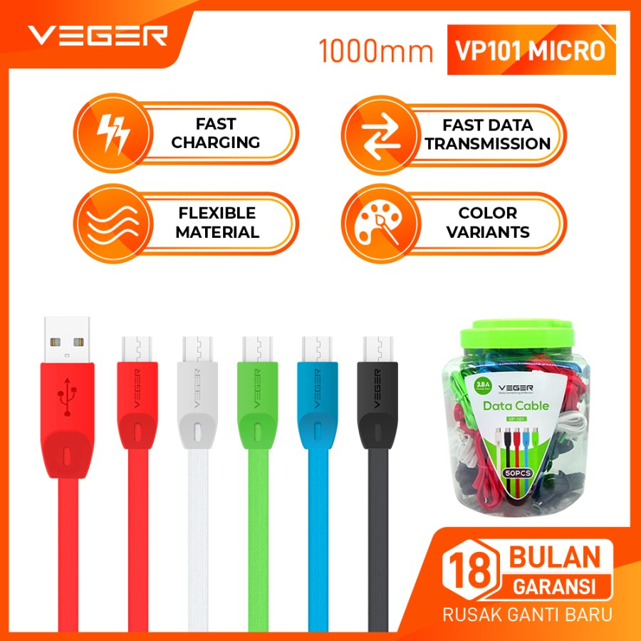 VEGER VP-101 Micro USB Data Cable (50 ชิ้น) 2.4A Fast Charging Original PER PCS
