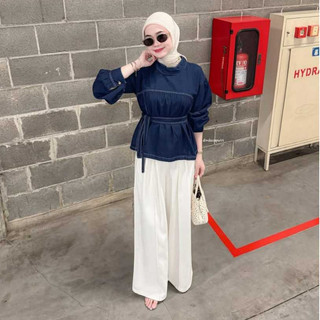 Pola Wear Farra Blouse Denim Wanita Look Korean Style  Atasan Jeans Casual Modis Ikat Pinggang