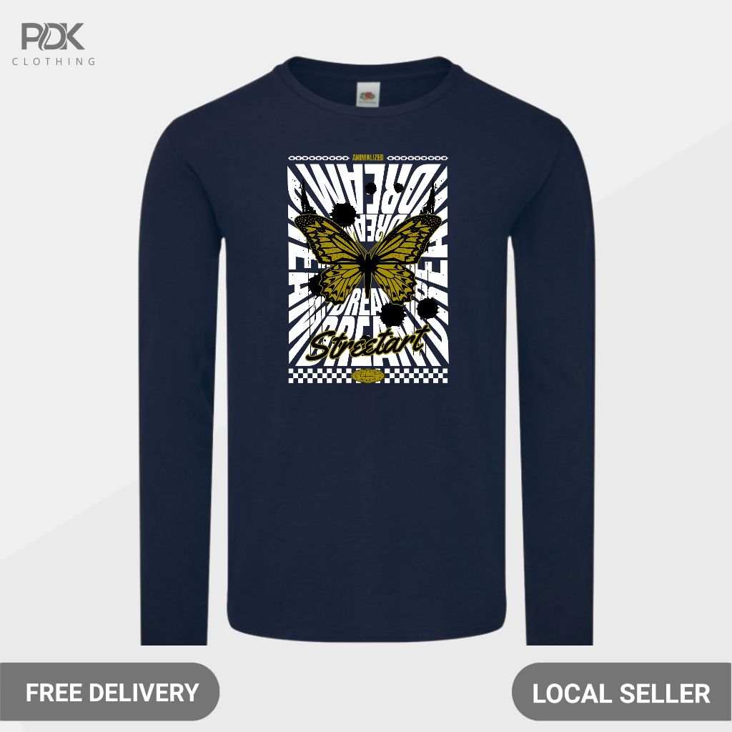 เสื้อยืดแขนยาวผู้ชาย Animalized ผีเสื้อ Urban Neon Drift Street Art