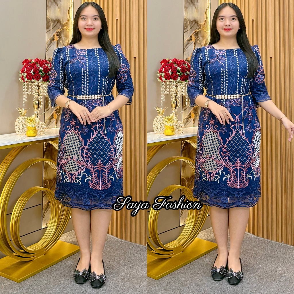 Slim Tile ปัก Midi Dress ฟรีเข็มขัดมุกผู้หญิง Christmas Party Dress 5440 42