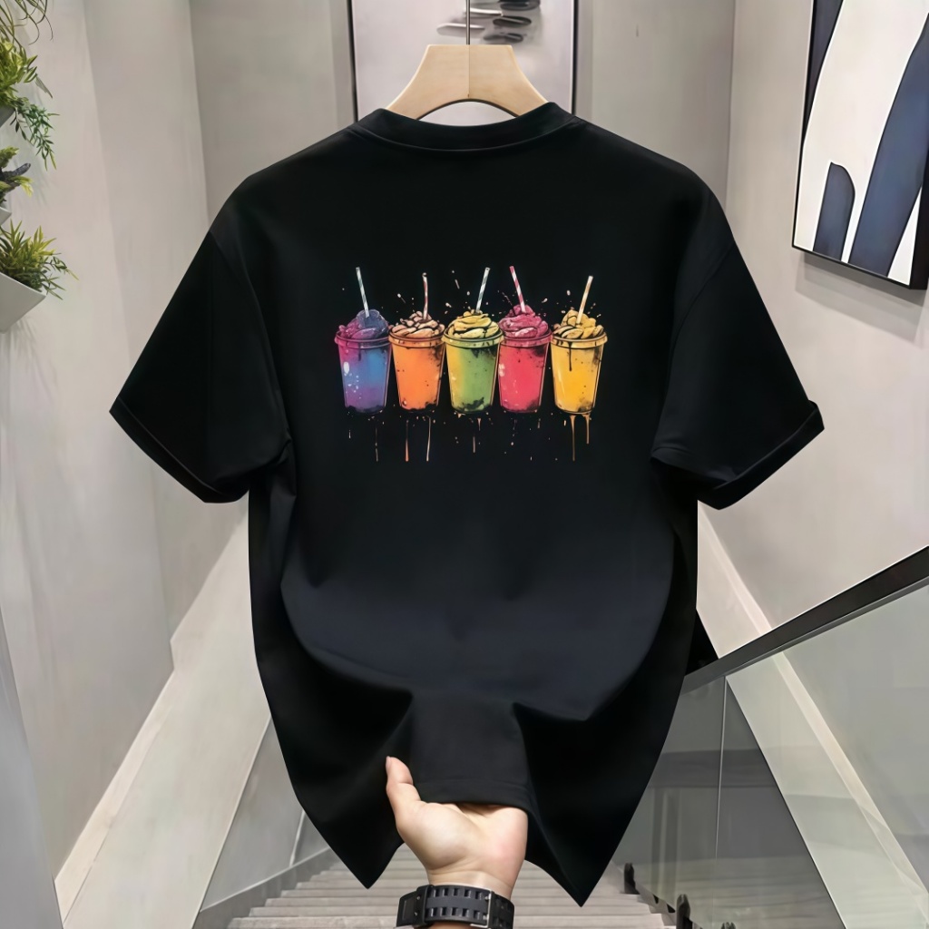 OOTD เสื้อยืดลําลองสําหรับบุรุษและสตรีลายเครื่องดื่มสีสันสดใส