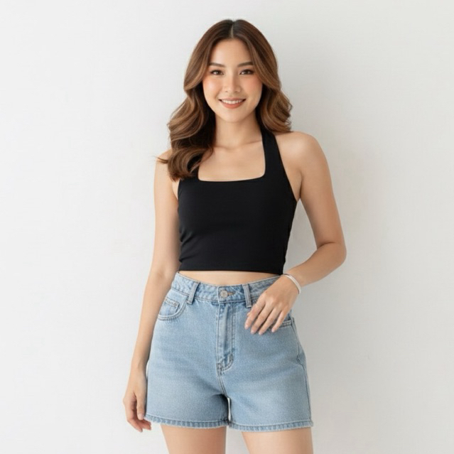 สไตล์เกาหลีผู้หญิง Halter Neck Crop Tank Top Casual Premium Inner Blazer Basic Double Layer สีดําสีข