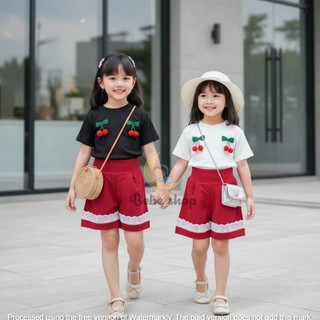 Setelan Anak Perempuan Cherry 3D  | Baju Lucu Kaos + Celana Usia 0 sampai 6 tahun bisa pilih warna bahan knit lembut
