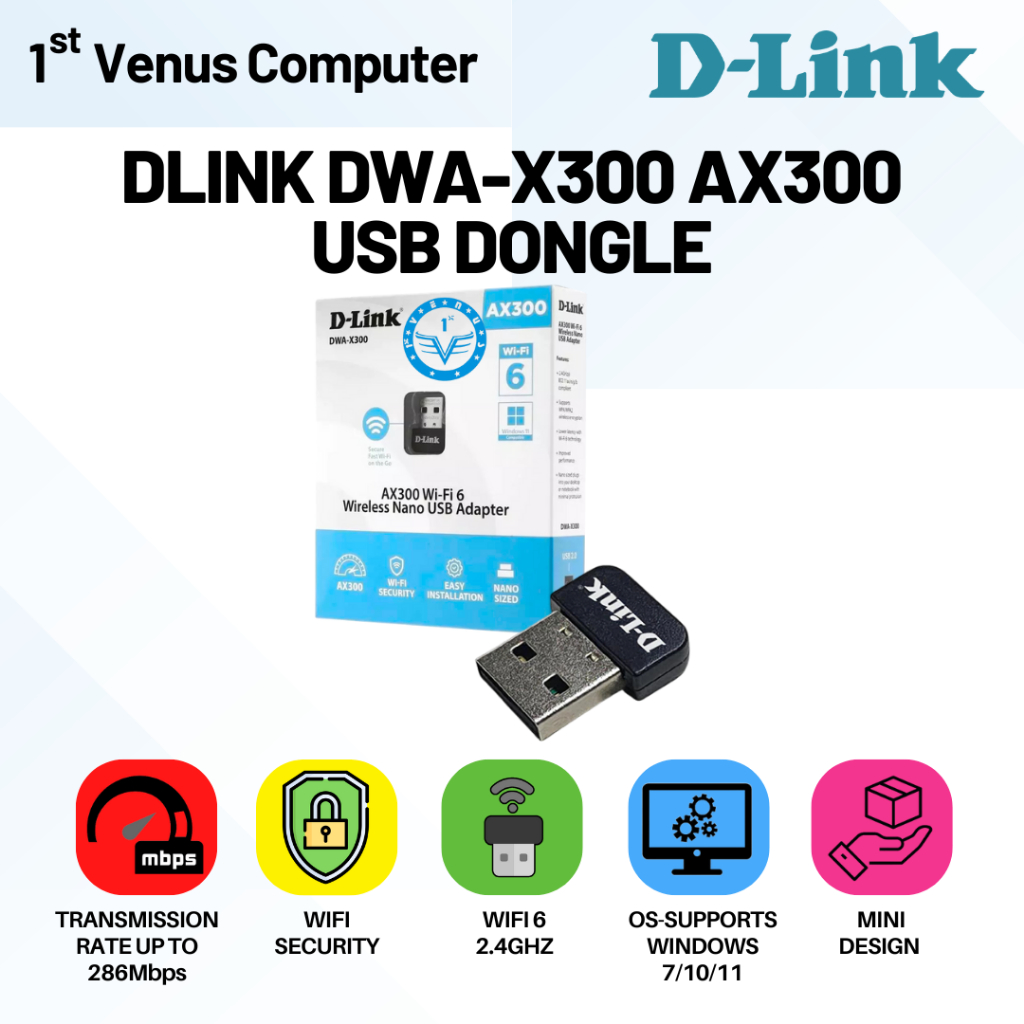D-Link DWA-X300 Wi-Fi 6 Mini USB Wi-Fi Adapter / D-LINK DWA-X300 Wireless AX300 WI-FI 6 Nano USB Ada