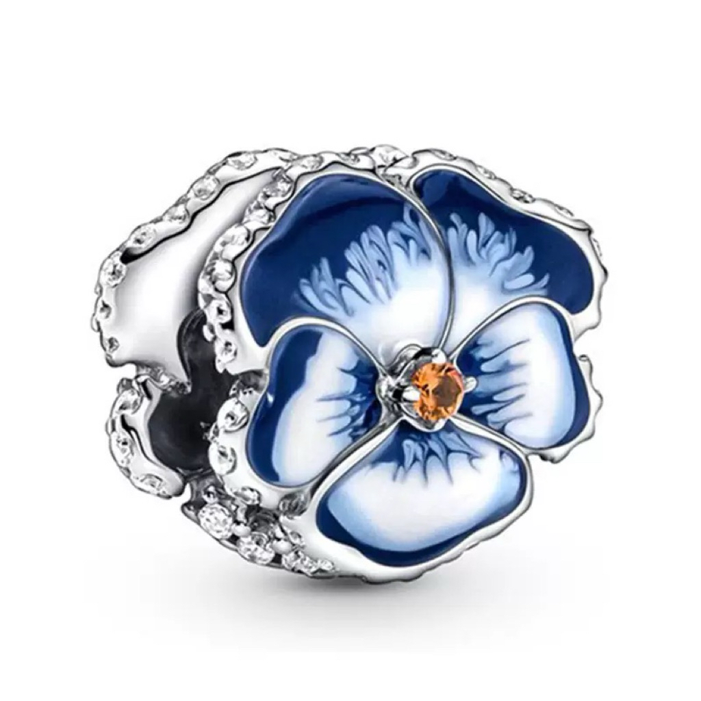 Blue Pansy Flower Charm - Pando Chain Bracelet Accessories - Silver Pando Bracelet - Silver Chain Pa