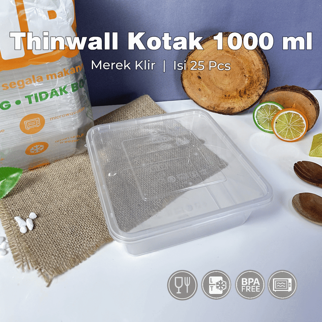 [25PCS] Thinwall KLIR Box 1000 ml / Shatterproof / Square / Plastic Lunch Box / SQ