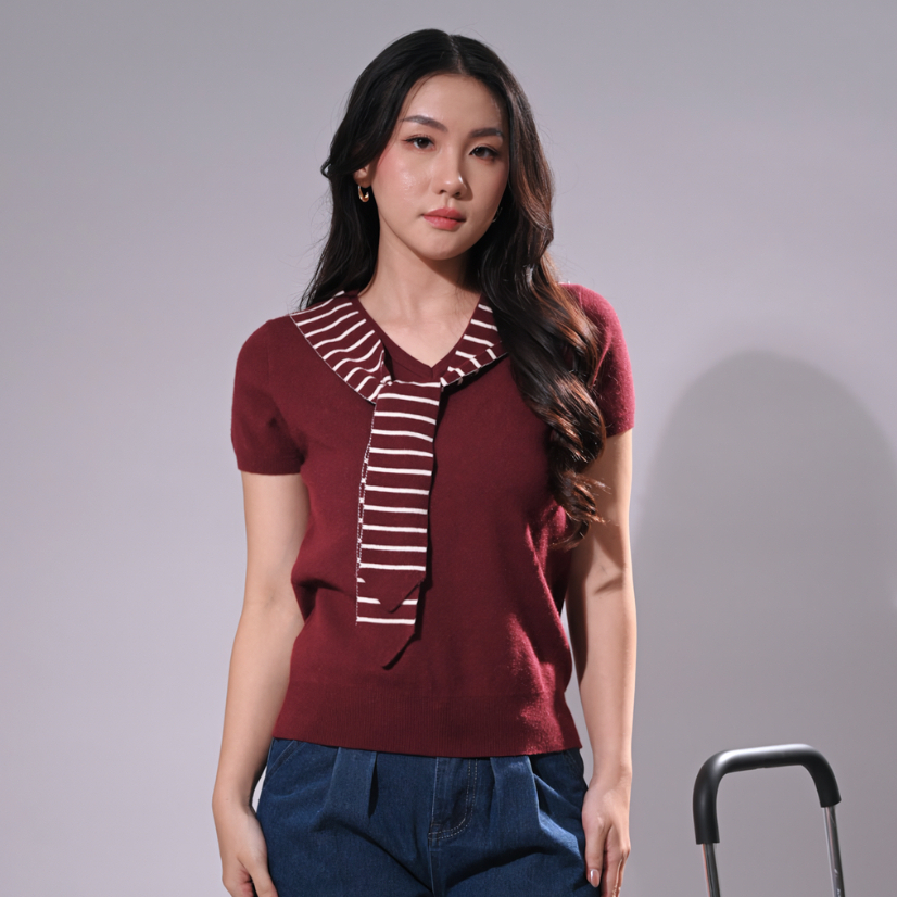 MKY CLOTHING KNITTED BLOUSE WITH STRIPED SCARVES SHORT-SLEEVED BLOUSE