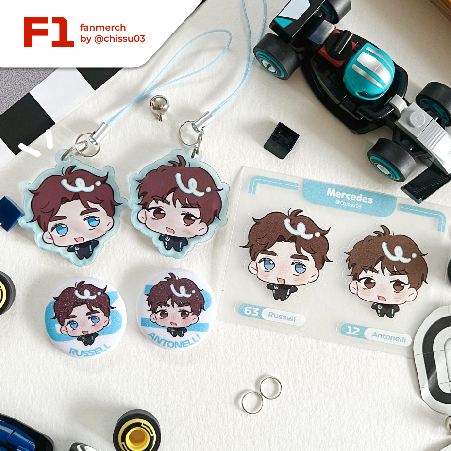 F1 Mercedes Bundle Phonestrap Sticker Button Pin (George Russell, Kimi Antonelli) Formula 1 Trinkets