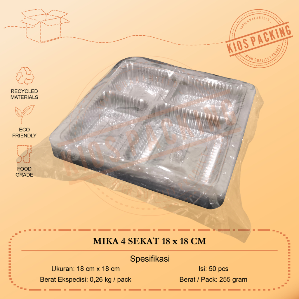 ไมก้า 4 ส่วน | 5 ช่อง 50 ชิ้น 18 x 18 | 20 x 20 | 22 x 22 | สําหรับในกล่องจัดเลี้ยง 18x18 | 20x20 | 