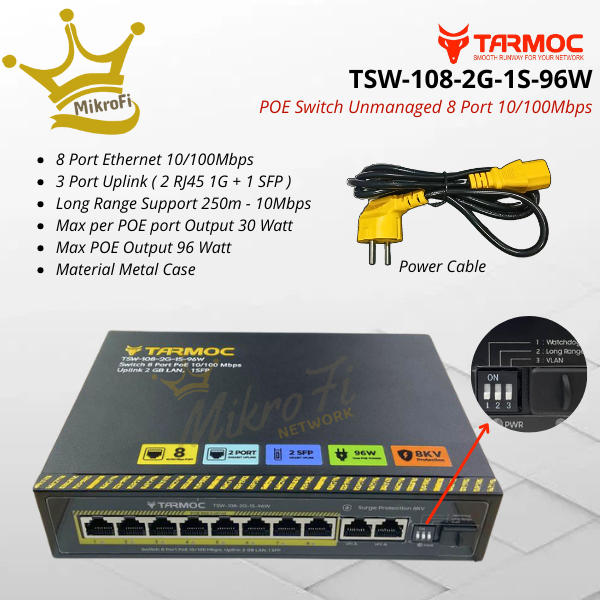 Tarmoc Switch POE HUB กล้องวงจรปิด IPCAMERA, 8 พอร์ต 10/100, 2G + 1 SFP Uplink