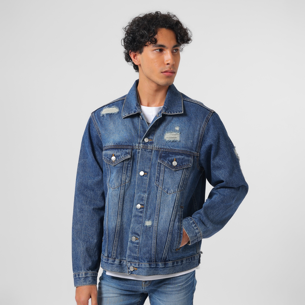 EDWIN JEANS - Relaxed Fit Light Blue Distress Denim Trucker Jacket