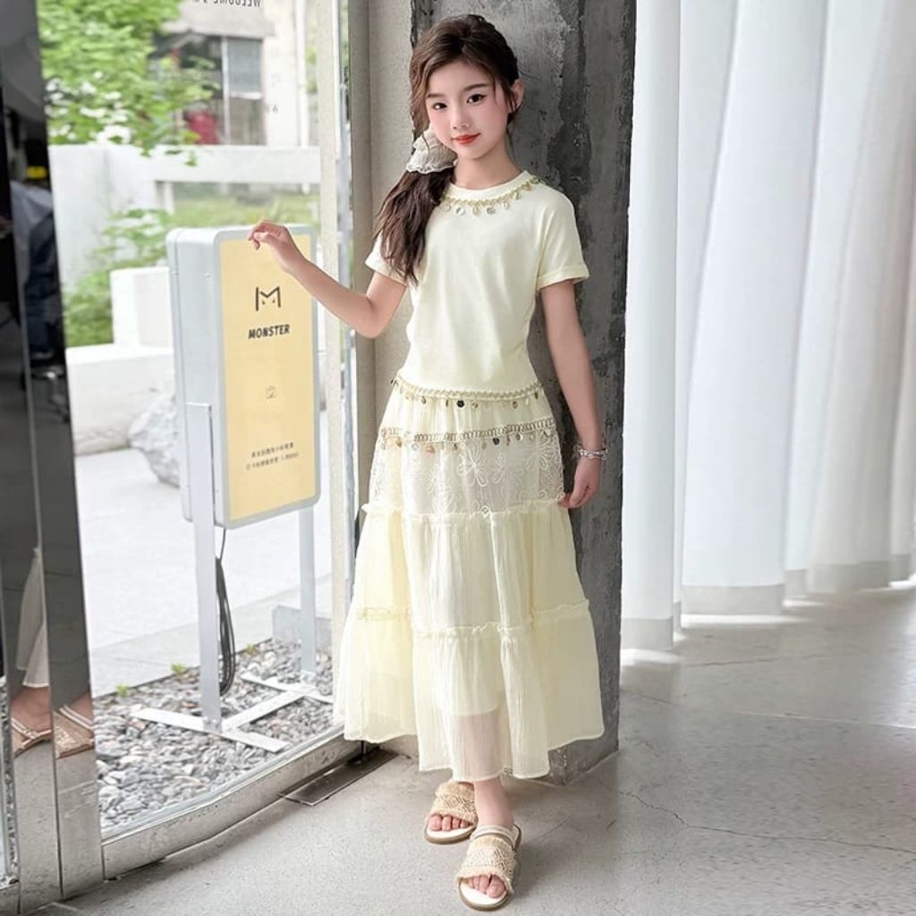 ER-512 IMPORTED GIRLS SHORT-SLEEVED SHIRT AND SKIRT SET อายุ 6-12 ปี SHORT-SLEEVED KNIT TOP SET LONG