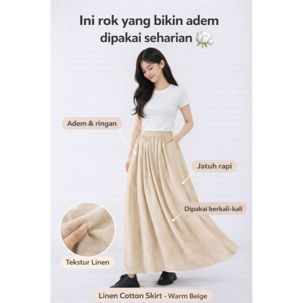 FERANI Cania กระโปรง กระโปรงผ้าลินินผู้หญิง | ขั้นพื้นฐาน เรียบง่าย ใส่เย็นสบายทั้งวัน