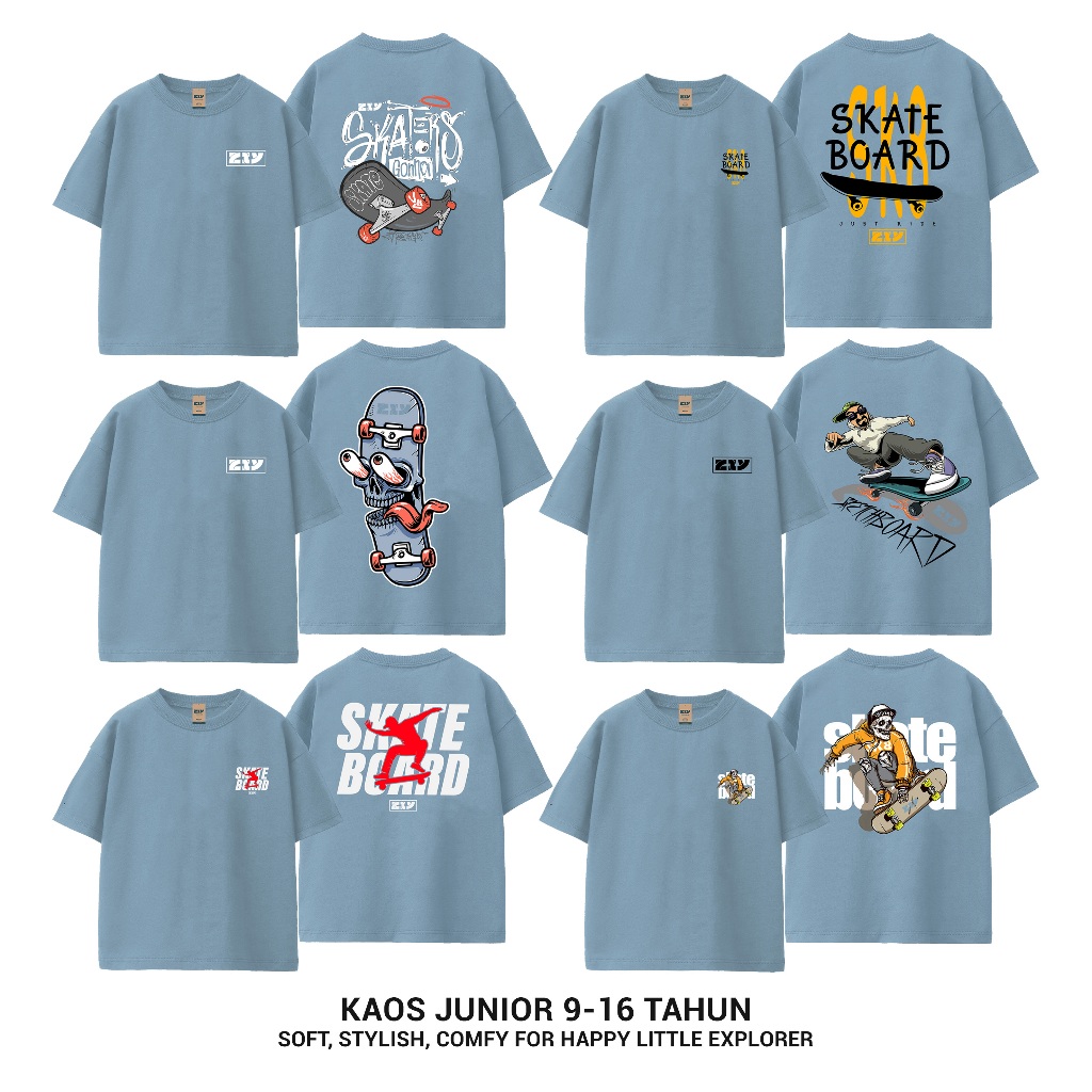 ZIY Junior Kids เสื้อยืด Skate Motif 9-16 Years Old Boys Girls