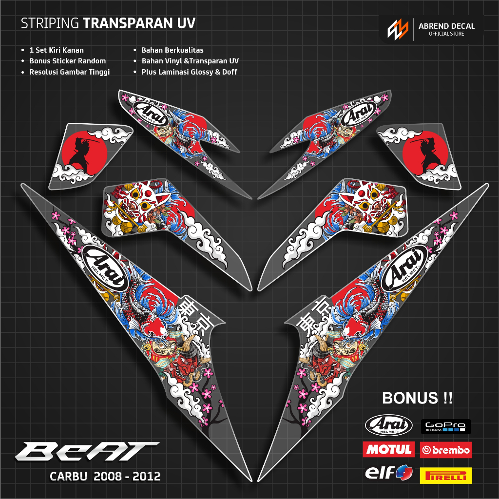 AXEDECAL - TRANSPARKENT UV STRIPING BEAT CARBON ARAI JAPAN CUSTOM / BEAT CARBON ANTI-SCRATCH DECAL S
