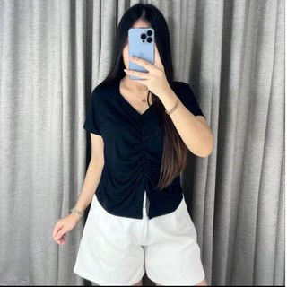 Yolan Top Atasan V neck Serut Tengah Baju Atasan Wanita Terbaru Kaos Wanita Lengan Pendek Atasan Wanita Kekinian Korea Style