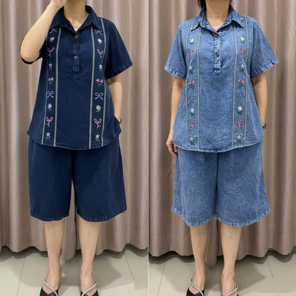 168-0 ชุดกางเกงยีนส์ผู้หญิง 3/4 BUTTON COLLAR EMBROIDERED LD110|ชุดสูทยีนส์ลําลอง