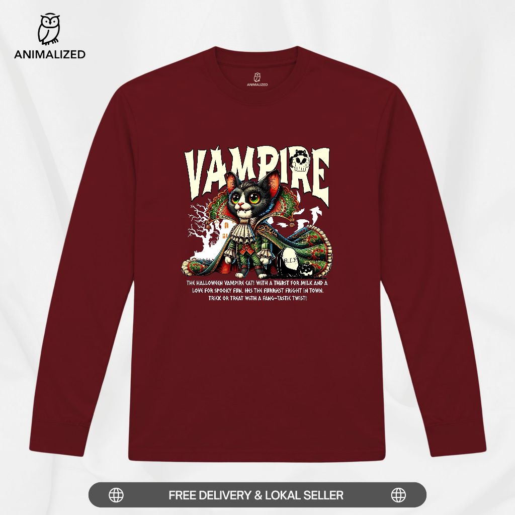 เสื้อยืดแขนยาวผู้ชาย Animalized Vampire Kitty Fangs Of The Night Darknes